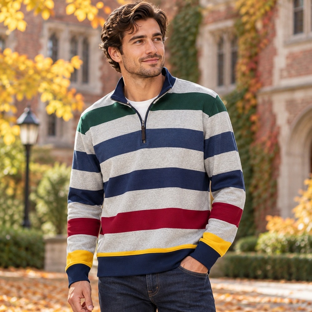 Cremieux Classics Quarter Zip XL Striped Cotton Sweater Pullover Rugby Preppy